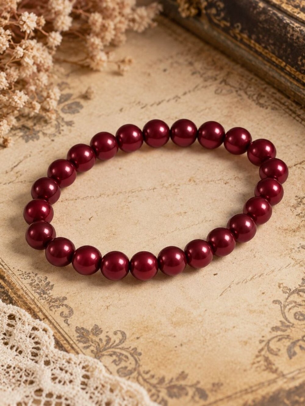 Red Elastic Pearl Beaded Bracelet Stretch Band Handmade Multicolor Jewelry Women